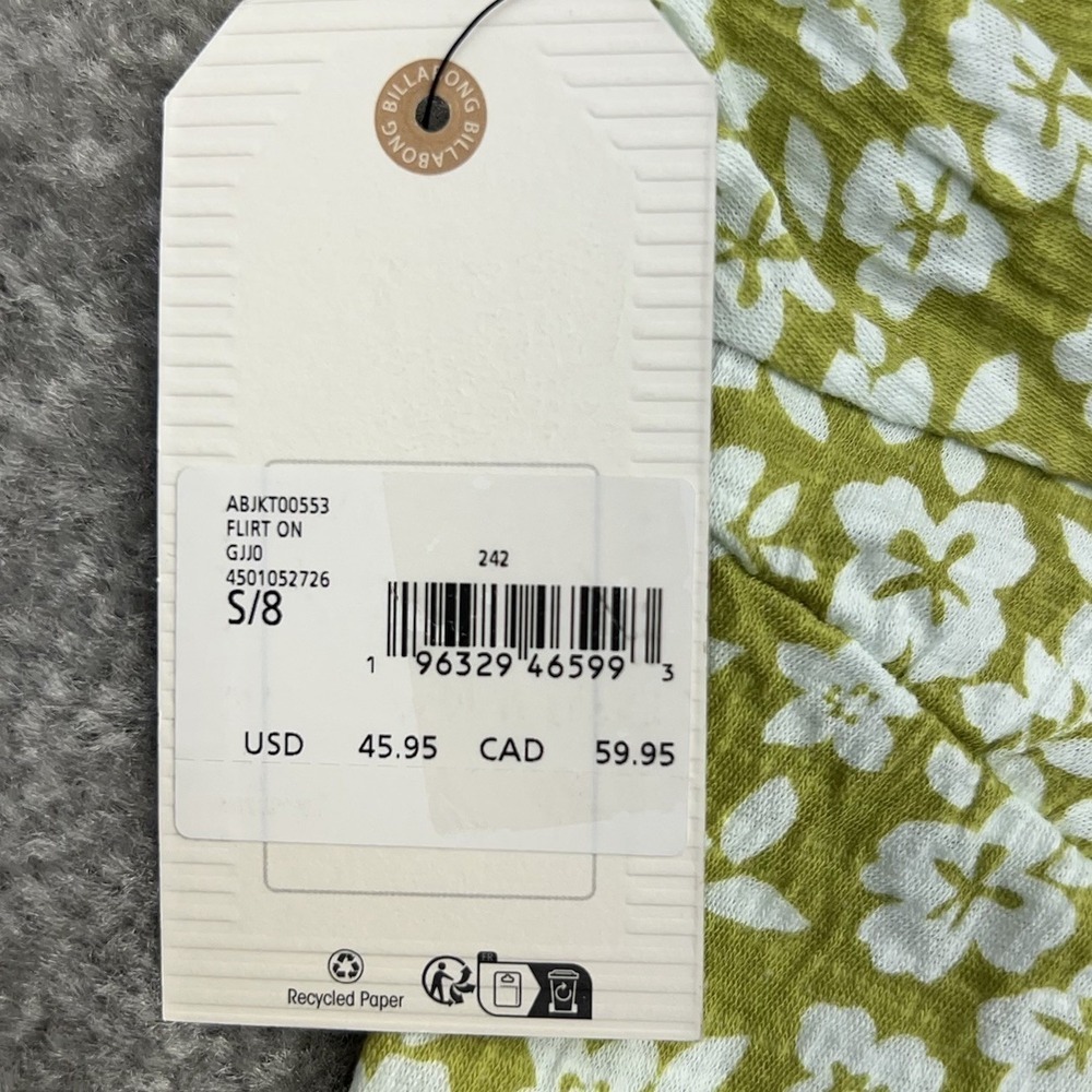 Billabong Crop Peasant Top Womens Small Puff Sleeve Square Neck Floral Green NWT - Picture 10 of 10